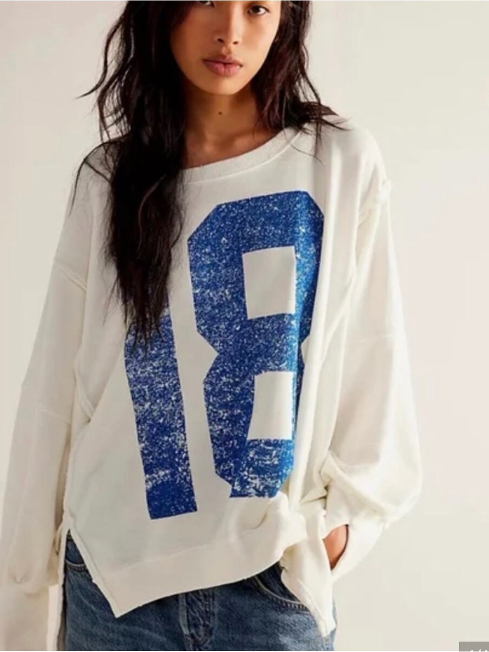 Free People Pullover Sweatshirt with Distressed Navy '18' Graphic